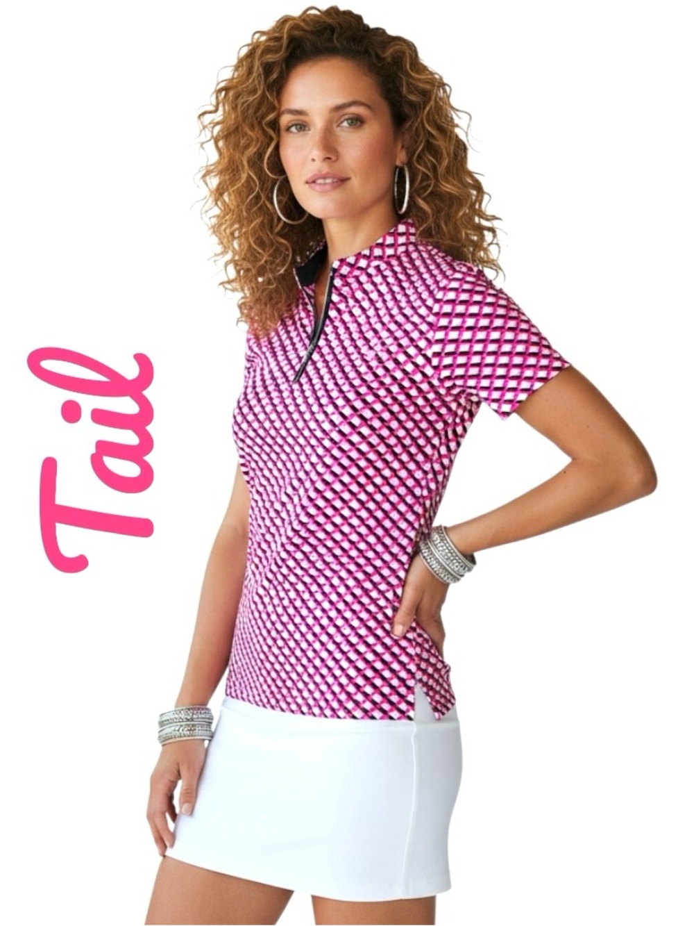 Tail Activewear Top Bright Pink Black White 3/4 Zip Mock Neck Shirt Sz XL